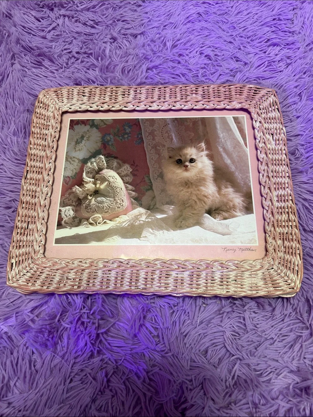Pink Wicker Picture Frame with Kitten Art by Nancy Matthew’s